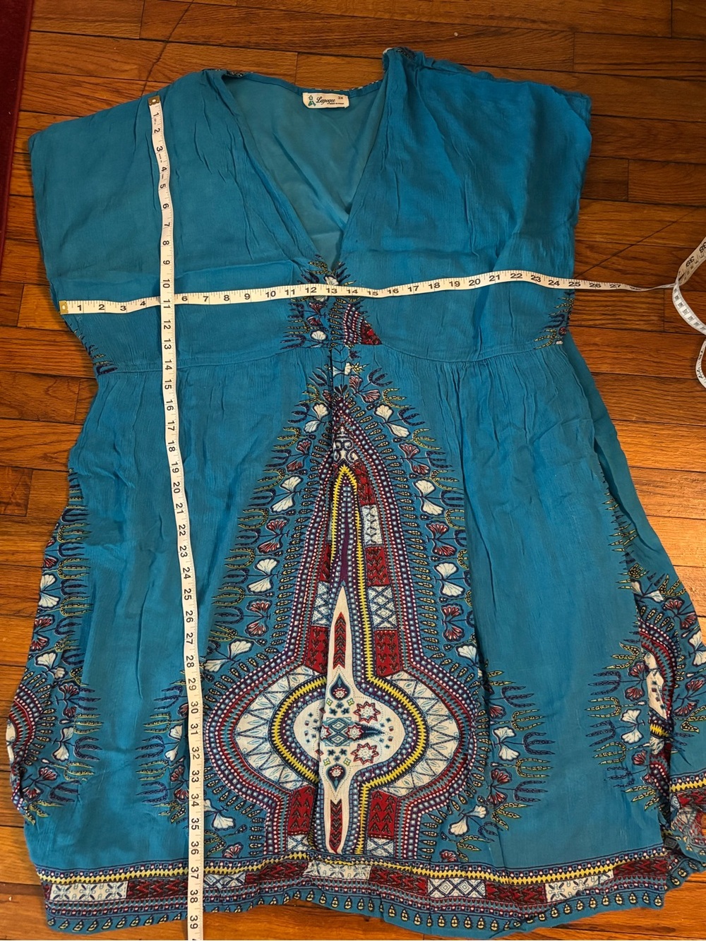 Lapogee Dashiki Pattern Teal V-Neck Midi Dress